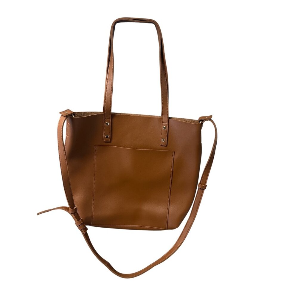 Henny+Lev Brown Faux Leather Tote Bag With Adjustable Strap & Open Inner Pocket